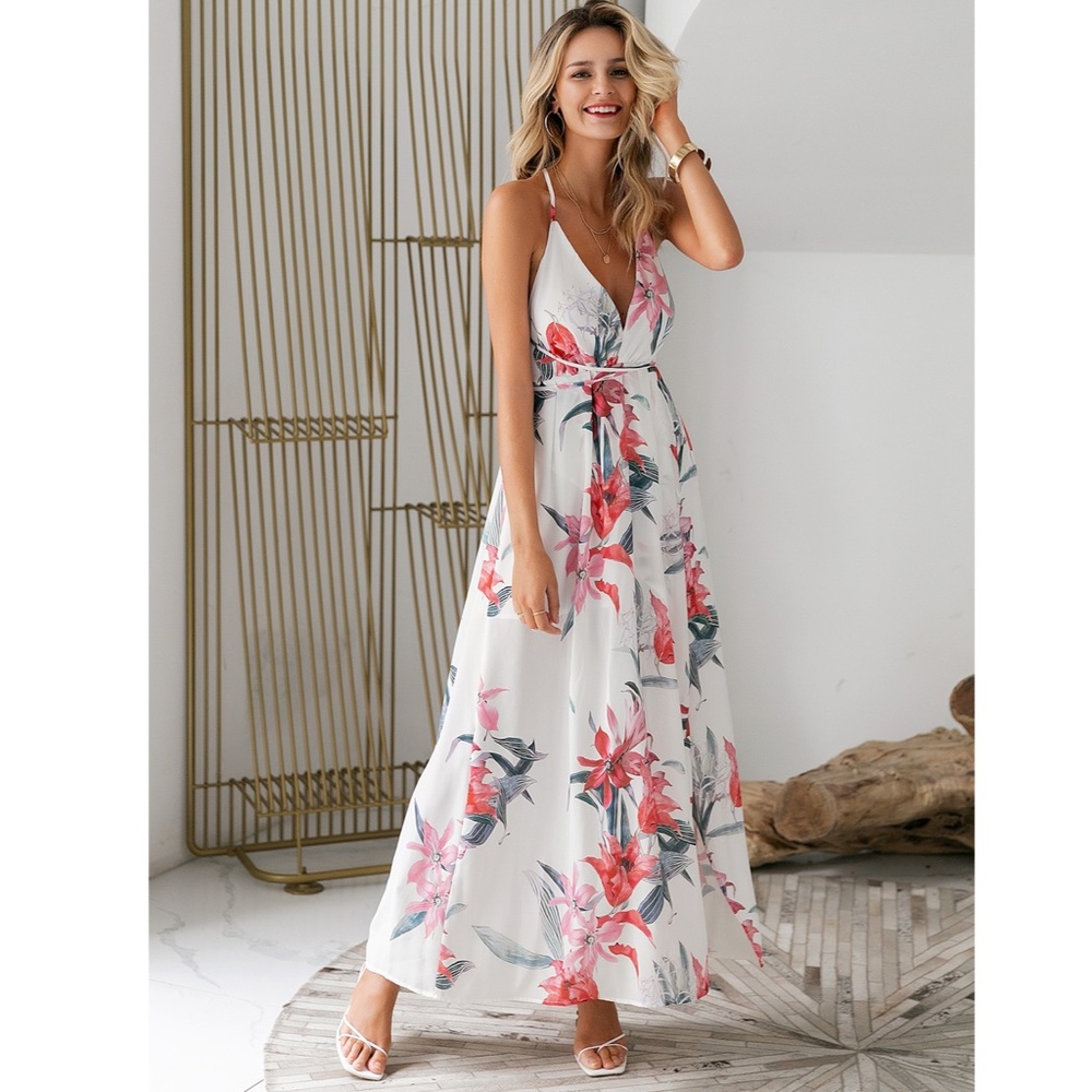 Deep V Backless Strappy White Floral Maxi Dress - Picture 5 of 14